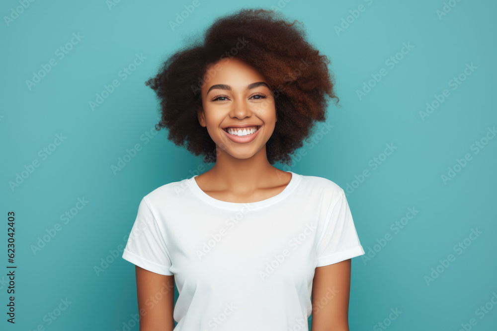 Close up of a young African American woman smiling and wearing a white t-shirt on a turquoise background. Generative AI Close up of a young African American woman smiling and wearing a white t-shirt on a turquoise background. Generative AI
