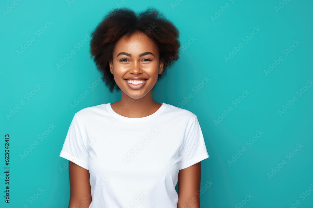Close up of a young African American woman smiling and wearing a white t-shirt on a turquoise background. Generative AI Close up of a young African American woman smiling and wearing a white t-shirt on a turquoise background. Generative AI