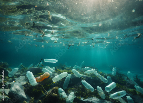 Empty plastic bottles underwater, Ocean pollution concept. Ai generated