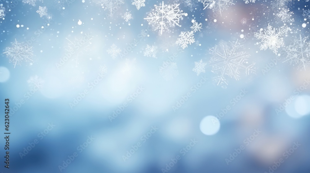 Christmas illustration, winter background with snowflakes and bokeh lights, with blank space. Generative AI Christmas illustration, winter background with snowflakes and bokeh lights, with blank space. Generative AI