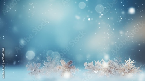 Christmas illustration, winter background with snowflakes and bokeh lights, with blank space. Generative AI © Gelpi