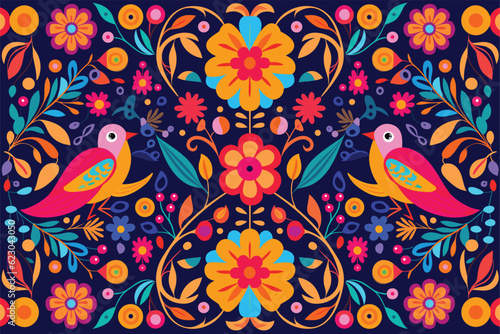 colorful mexican background with flowers and birds flat design vector illustration