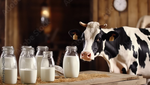 Cow with jars of milk, milk products advertising