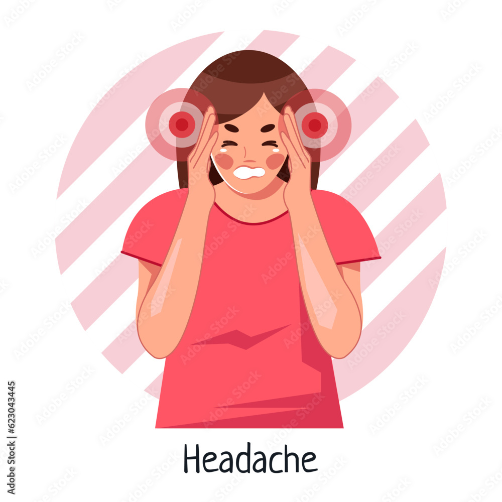 Headache, migraine. The young woman clutched her head in pain. Vector illustration in cartoon style, isolated on a white background Headache, migraine. The young woman clutched her head in pain. Vector illustration in cartoon style, isolated on a white background