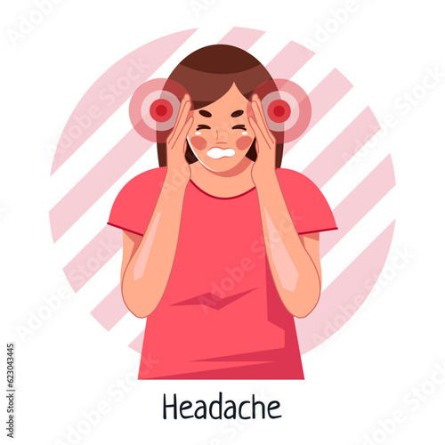 Headache, migraine. The young woman clutched her head in pain. Vector illustration in cartoon style, isolated on a white background