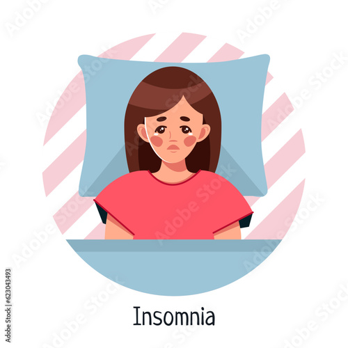 Insomnia and sleep disorder. The exhausted woman suffers from insomnia and cannot sleep at night. Conceptual illustration of depression, illness, insomnia, frustration, loneliness, problems. Vector