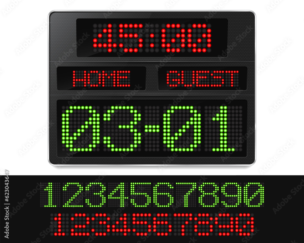 Football digital scoreboard with time and result display. Sport template for your design. Vector illustration.