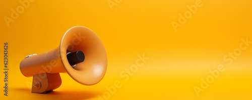 Monochrome yellow single megaphone. Loudspeakers on a yellow background. Conceptual illustration with copy space. 