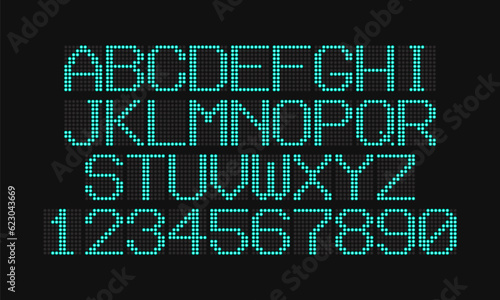 LCD letters and numbers for a electronic devices. Digital glowing figures. Electronic scoreboard. Vector illustration.