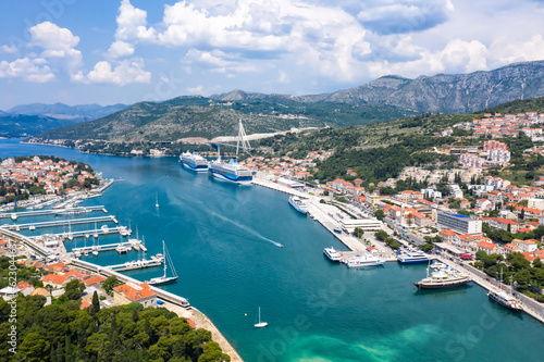 Dubrovnik marina and harbor at Mediterranean sea vacation Dalmatia aerial photo view in Croatia