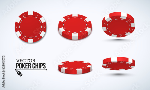Poker chips in different position. Red chips isolated on light background. Vector illustration.