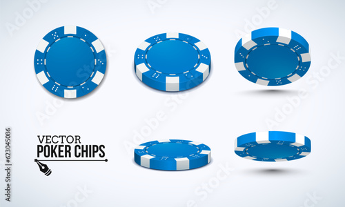 Poker chips in different position. Blue chips isolated on light background. Vector illustration.