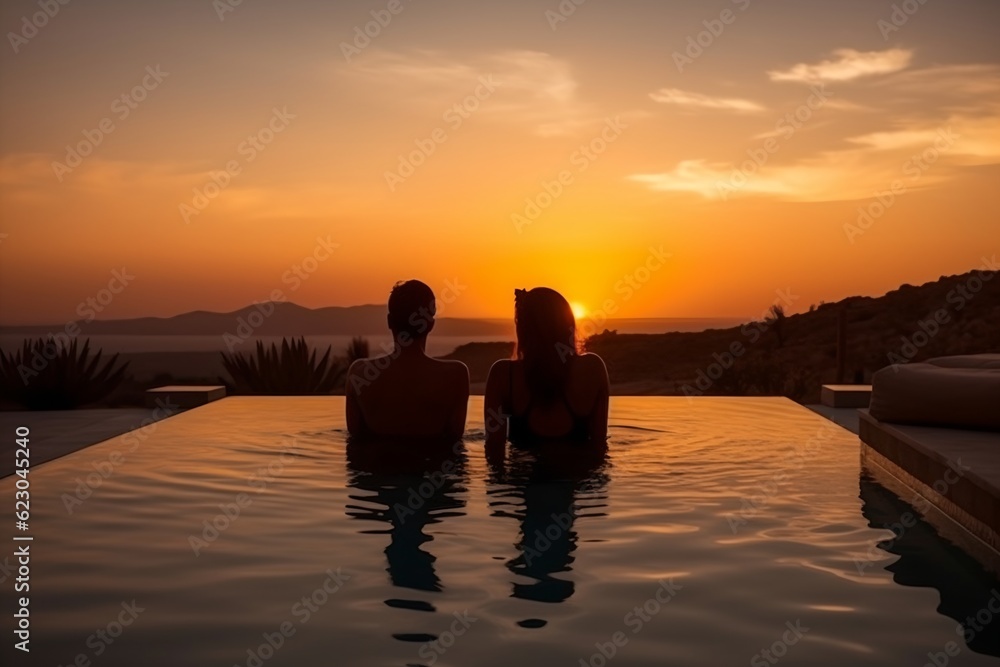 Couple in a pool luxury resort, generative ai