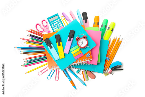 PNG,pile of school supplies, isolated on white background