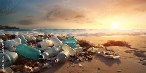 Plastic bottles and waste at a beautiful beach at sunset, ai generated 