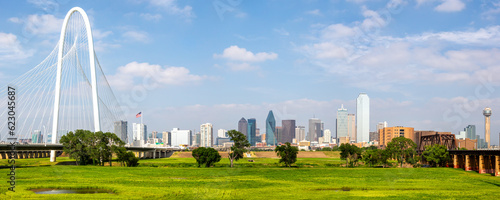 Dallas skyline at Trinity River and Margaret Hunt Hill Bridge panorama in Texas, United States
