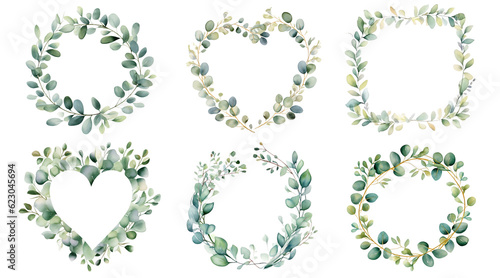 Watercolor floral illustration set - bouquets and wreath. Green leaf branches collection. Wedding invites  wallpapers  fashion. Eucalyptus  olive  leaves. Generative AI