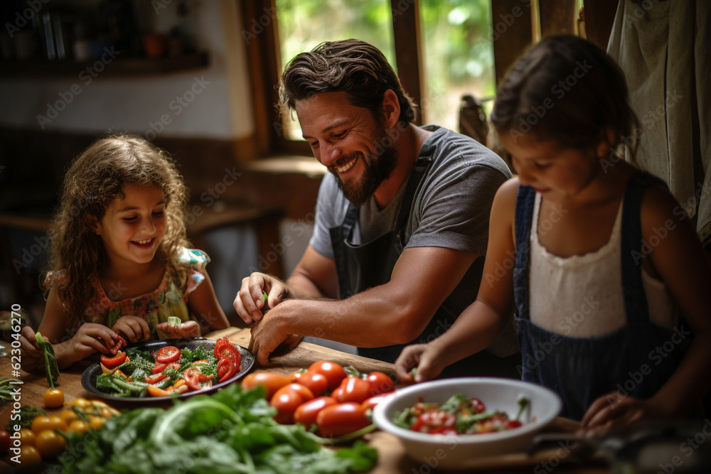 Parents and children bonding over a fun cooking class, preparing authentic Colombian dishes on a traditional finca, latam, farm, finca, Colombian, couples, family Generative AI