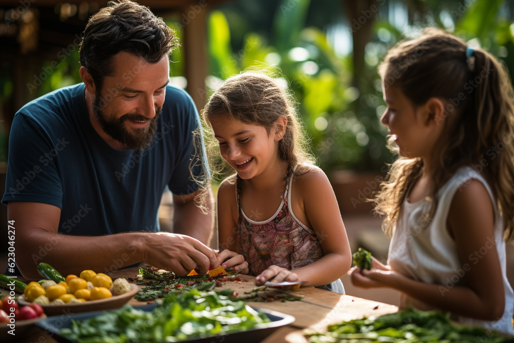 Parents and children bonding over a fun cooking class, preparing authentic Colombian dishes on a traditional finca, latam, farm, finca, Colombian, couples, family Generative AI