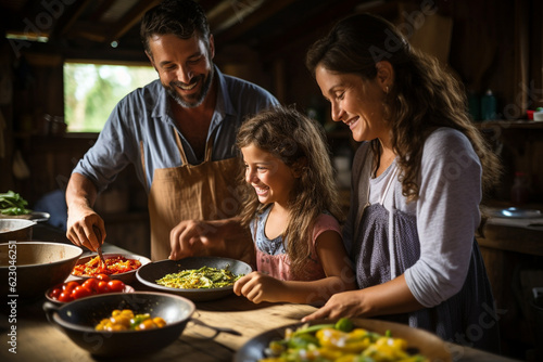 Parents and children bonding over a fun cooking class, preparing authentic Colombian dishes on a traditional finca, latam, farm, finca, Colombian, couples, family Generative AI