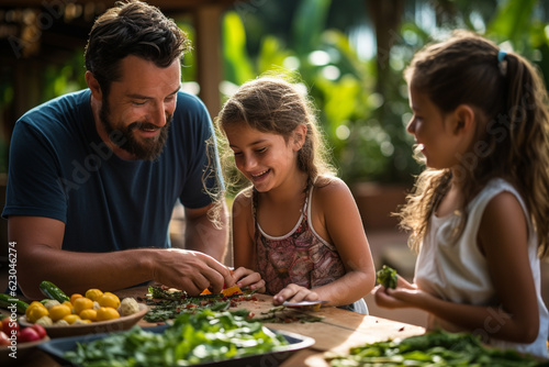 Parents and children bonding over a fun cooking class  preparing authentic Colombian dishes on a traditional finca  latam  farm  finca  Colombian  couples  family Generative AI
