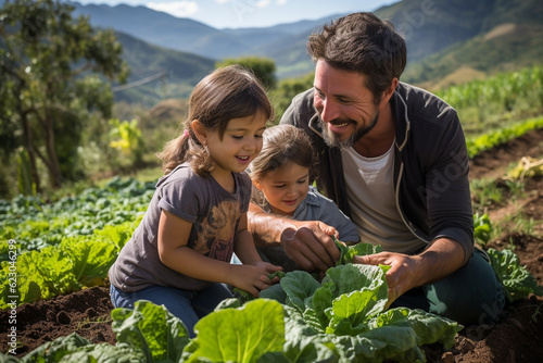 Parents and children harvesting fresh vegetables from a Colombian organic farm, latam, farm, finca, Colombian, couples, family Generative AI photo
