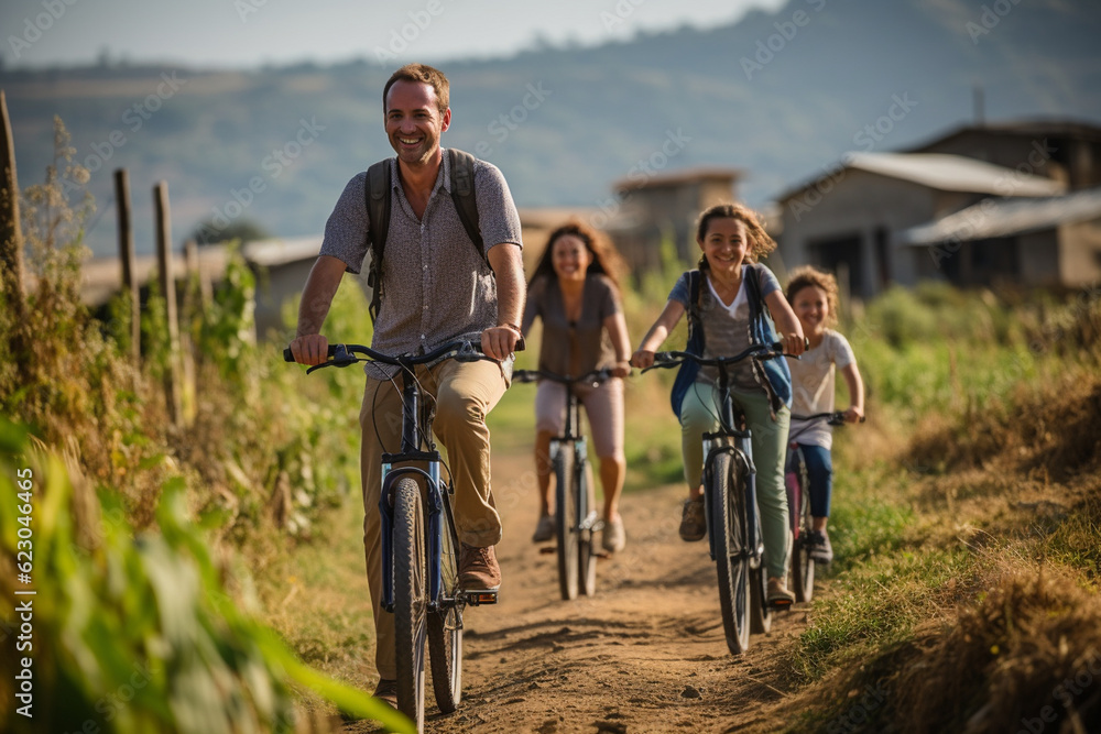 Family enjoying a scenic bike ride through the picturesque Colombian farmland, latam, farm, finca, Colombian, couples, family Generative AI