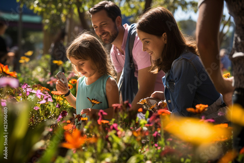 Parents and children exploring a Colombian butterfly farm, surrounded by colorful butterflies, latam, farm, finca, Colombian, couples, family Generative AI