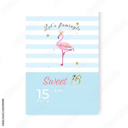 16 birthday greeting and invitation card with two flamingos, stars and glitters.