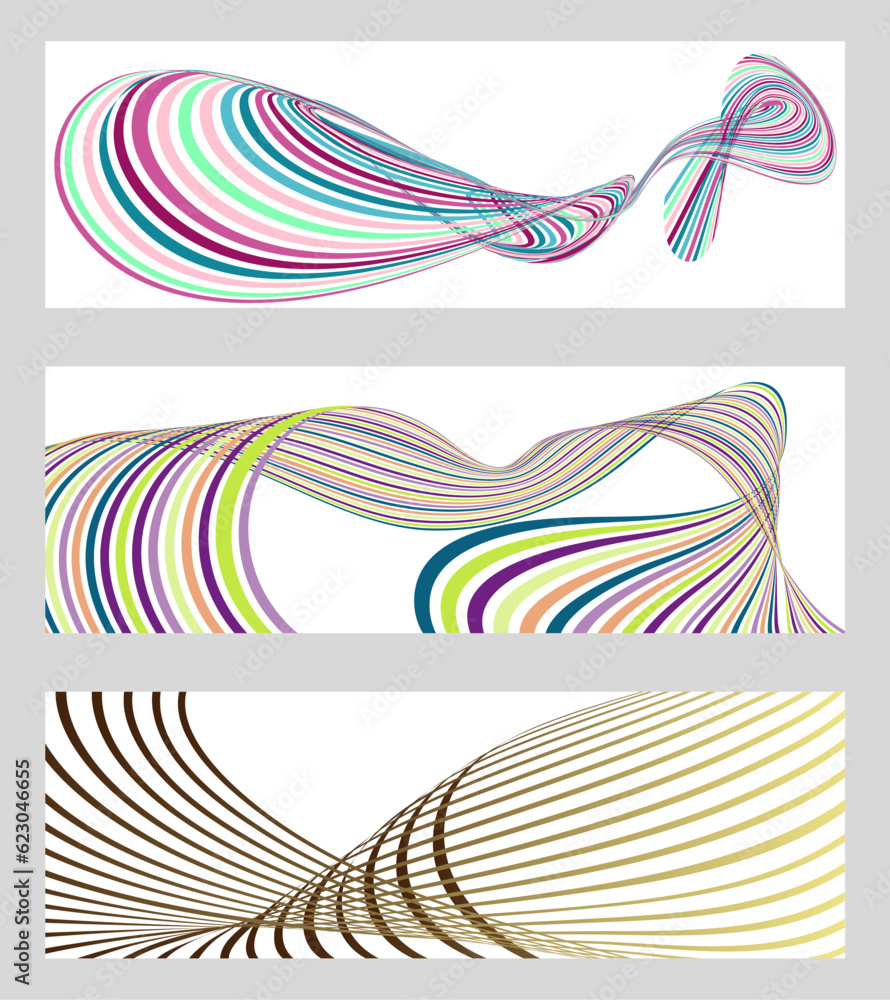 Wavy lines or ribbons. Set of 3 backgrounds. Multicolored striped gradient. Creative unusual background with abstract gradient wave lines to create a trendy banner, poster. vector eps Wavy lines or ribbons. Set of 3 backgrounds. Multicolored striped gradient. Creative unusual background with abstract gradient wave lines to create a trendy banner, poster. vector eps
