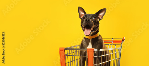 Photo Happy dog in a supermarket trolley on a yellow background
