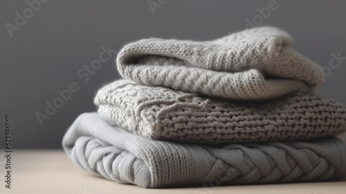 A stack of women's knitted things close-up on a grey background. AI generated 