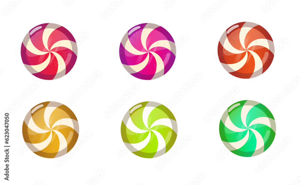 Striped candy without a wrapper, red, blue, green, yellow, orange, pink caramel, Lollipop on white background.