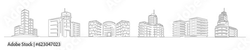 Set of continuous one line buildings. Vintage buildings isolated on a white background. Business concept. Vector illustration
