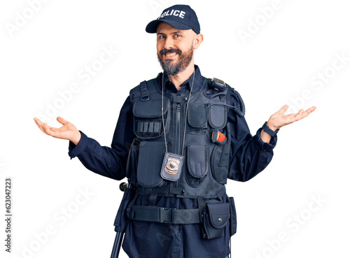 Young handsome man wearing police uniform smiling showing both hands open palms, presenting and advertising comparison and balance