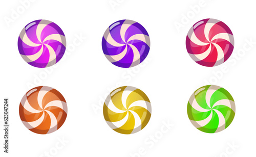 Striped candy without a wrapper, red, blue, green, yellow, orange, pink caramel, Lollipop on white background.