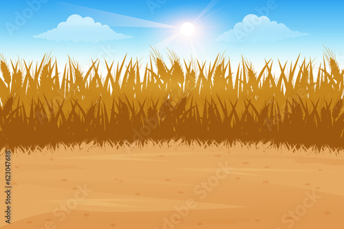 Rural village landscape with a field of wheat and sun in the sky.