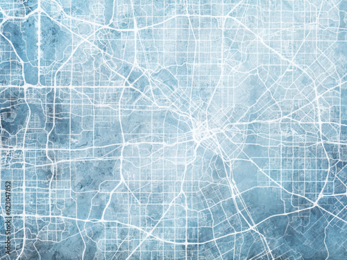 Illustration of a map of the city of  Dallas Texas in the United States of America with white roads on a icy blue frozen background.
