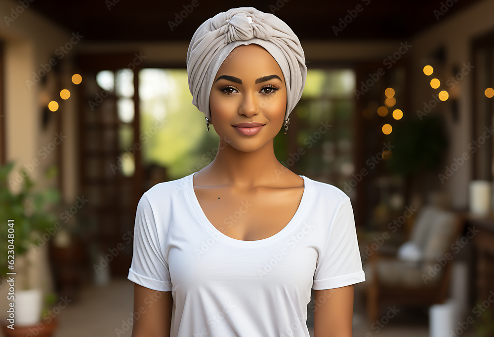North African woman modeling white tshirt mockup, set in Maldivian