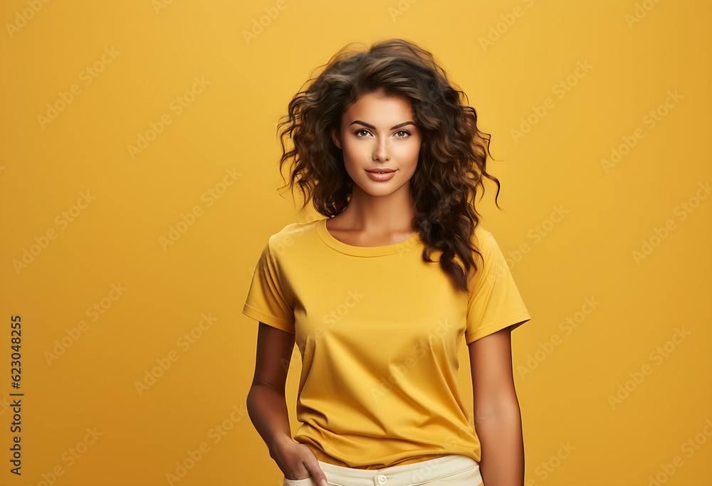 Brunette European woman with white tshirt mockup, smiling, against yellow walls, print presentation mock-up, Generative AI, KI Brunette European woman with white tshirt mockup, smiling, against yellow walls, print presentation mock-up, Generative AI, KI