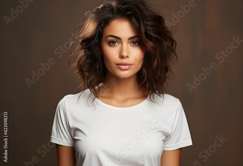 Tshirt design template showcased by brunette woman, white mockup, set against blue wall, Generative AI, KI