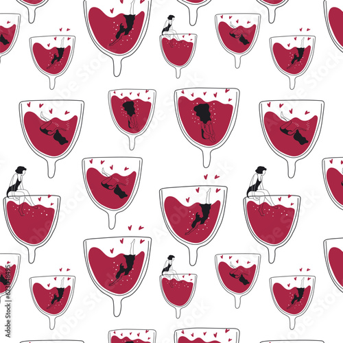 Seamless pattern with Trendy female characters swim in menstrual cup. Girl having menstrual period, menstruation, premenstrual syndrome, PMS, female reproductive system