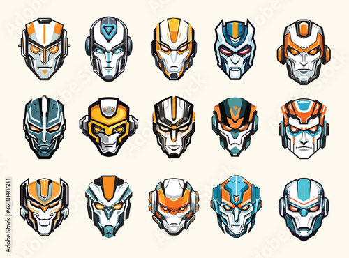 Cyborg robot head collection, Mech heads, vector illustration logo symbols isolated on white background
