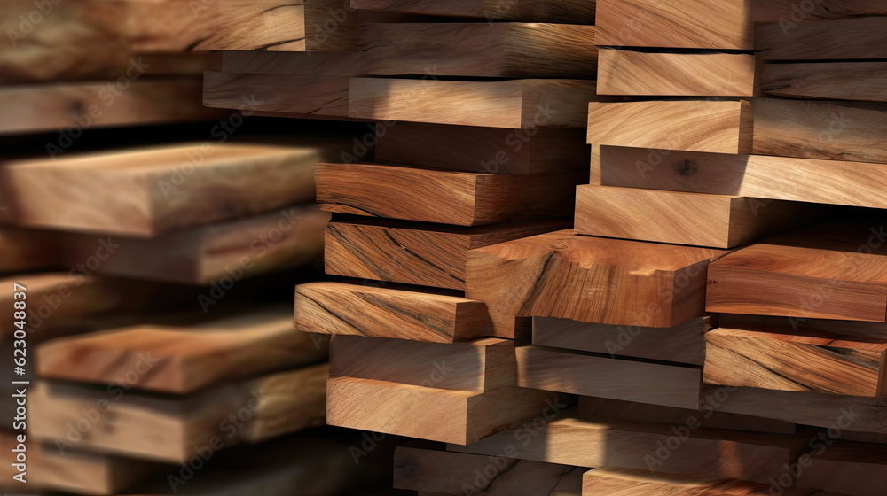 Wooden boards are stacked in a sawmill or carpentry shop. Sawing drying and marketing of wood. Industrial background Wooden boards are stacked in a sawmill or carpentry shop. Sawing drying and marketing of wood. Industrial background