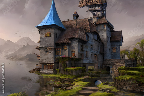 Medieval style house with blue roof by the lake
Generaitive AI photo