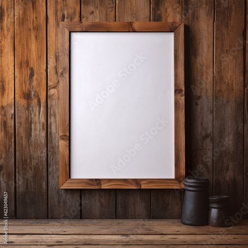 Real photo of blank wood frame hung on the walls