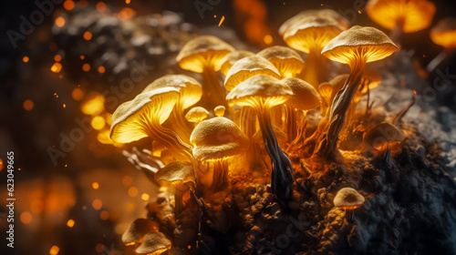 futuristic luminous glowing mushrooms and spore particles, mycelium research and advanced mushroom research, bioengineering futuristic concept, biohacking