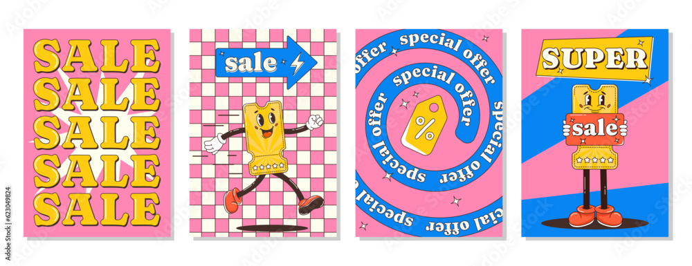 Set of posters, retro groovy sale with discount coupon character, trendy shapes. Special offer. Vector background, cards.Y2k aesthetic. A4 social media.