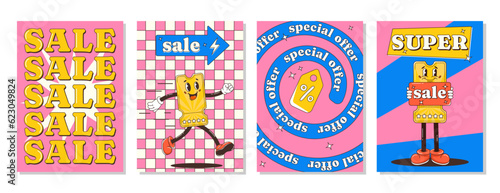 Set of posters, retro groovy sale with discount coupon character, trendy shapes. Special offer. Vector background, cards.Y2k aesthetic. A4 social media.