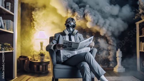 a man in a gas mask and a formal suit sits on an armchair and reads a newspaper in a room with a classic interior filled with smoke, outside is a catastrophe, 